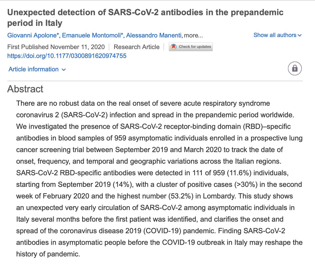 There is a paper out reporting high prevalence of  #SARSCoV2 antibodies (IgG/IgM) in Italy from early September on. Factoring in a 1-2 week needed for seroconversion, this would imply that  #COVID19 was in widespread circulation in Italy in August or before.1/