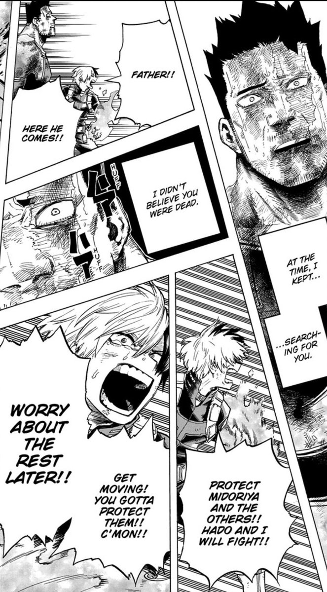 You know how drastic things have gotten? Rather than call him Endeavor like every single time before, Shoto actually calls Endeavor “father” in the heat of the moment. Regardless of any moral complications, Toya is now a villain and they’re heroes. They HAVE to fight.
