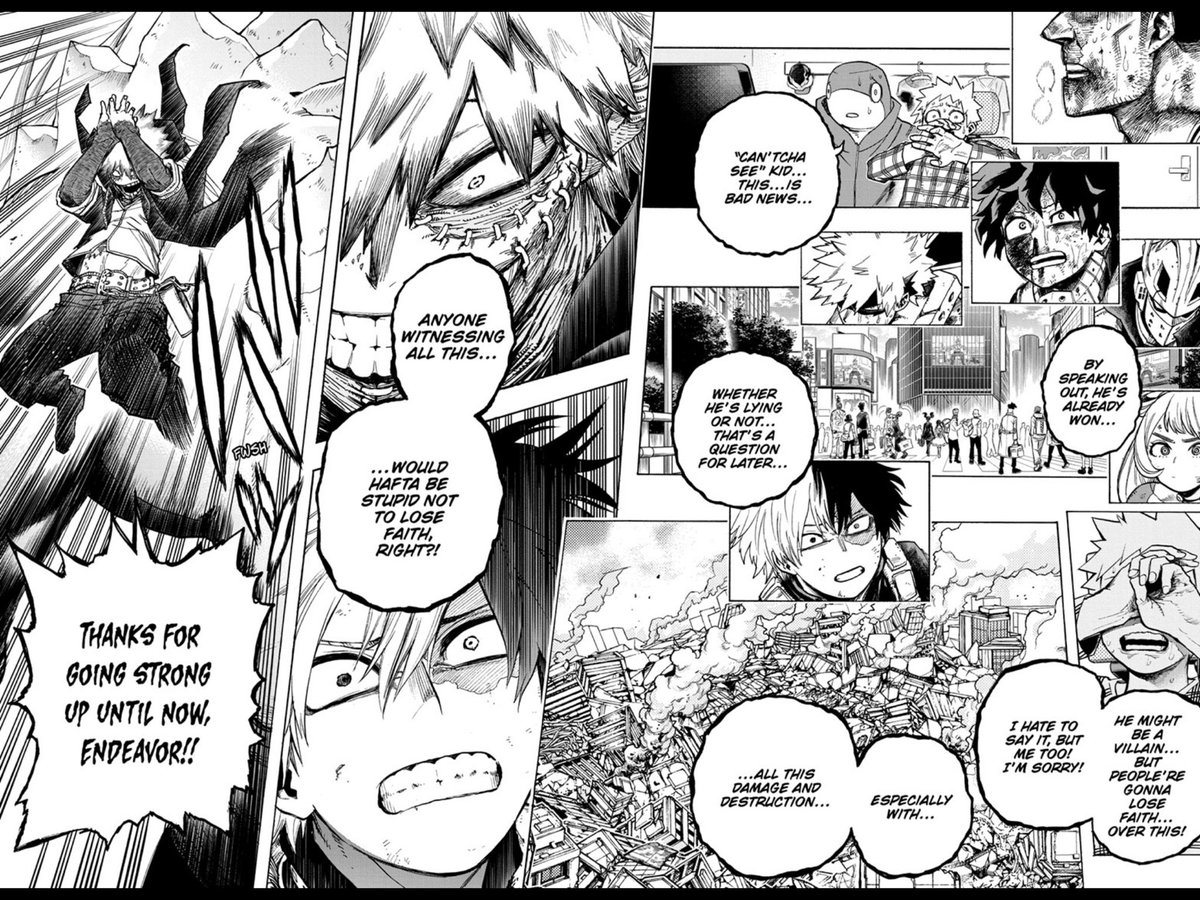 That’s right, it’s time to talk about classism! Oh boy!And this spreeeead... ah. This is a LITTLE too much for me. You can still read it fine, it’s just an eyesore. But at the very least, it communicates a sense of disorientation in the wake of Dabi’s reveal.
