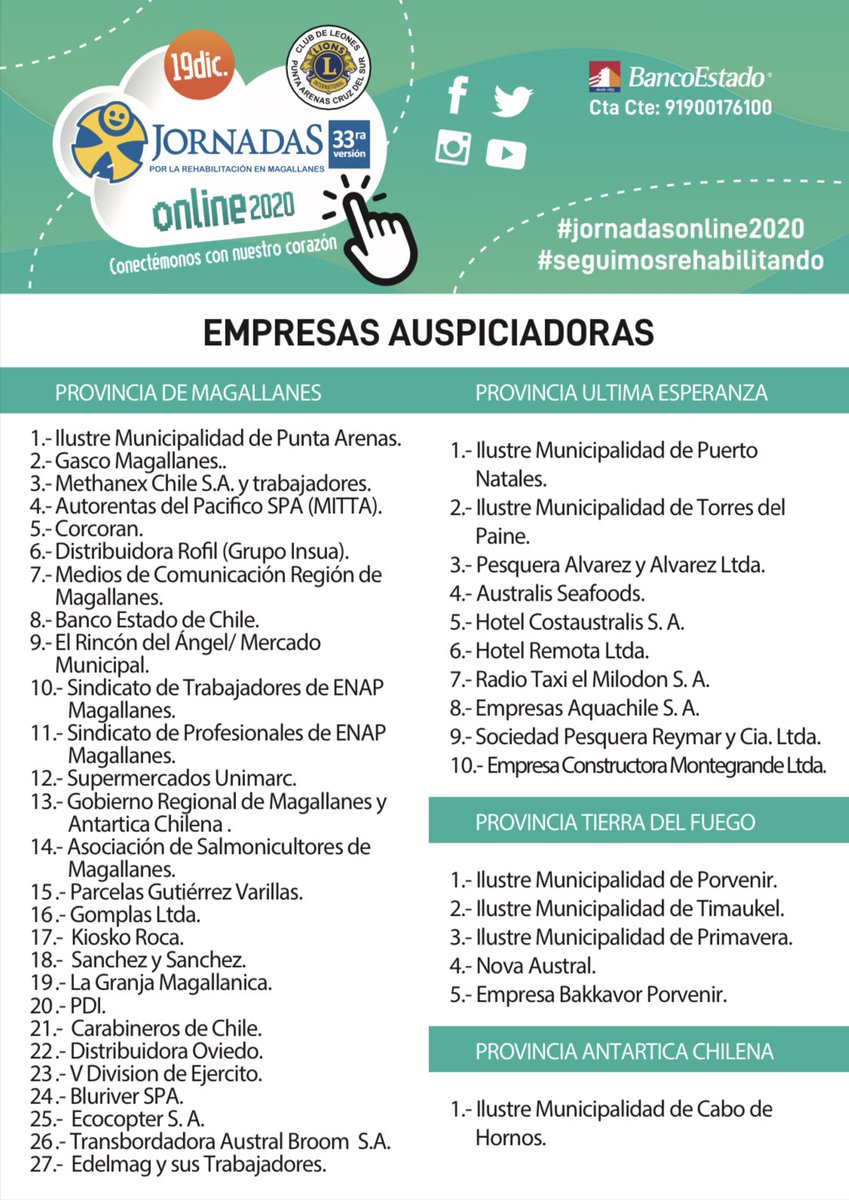 lasjornadas's tweet photo. ℹ️ Empresas Auspiciadoras ℹ️ 33 Jornadas x la Rehabilitación
@edelmag_sos @AguasMagallanes @MethanexChile @munipuq #yomeconecto #jornadasonline2020 #seguimosrehabilira #puq #natales #porvenir #williams #primavera #timaukel @puerto_natales @muniprimavera @MuniPorvenir https://t.co/HSMv4gSviC