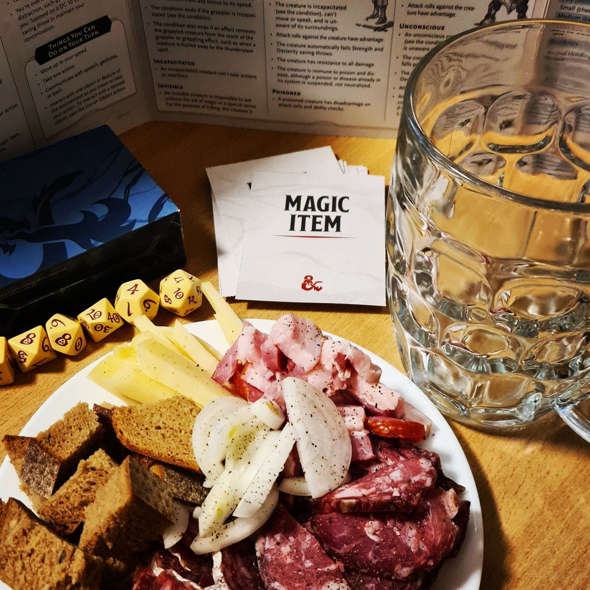 Zagus_official's tweet photo. Something is missing in our D&amp;D evenings...
🍻 🎲 ⚔ 🐲 🥩

#gaming #gamenight #dungeonsanddragons #dice #snacks #snackplate #meatplate #dungeonmaster #beer #chill #vibes #goodvibes #rpg https://t.co/hg5QV0DJC1