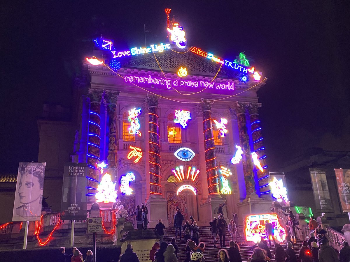 Smithyshere's tweet photo. Like a beacon of bright hope #TateBritain shines out with #ChilaKumariSinghBurman’s dazzling installation, bringing happiness to all & transforms from day to night. Not just a #HappyDiwali but also many neon #winter nights @Tate #FestivalOfLight #winterinstallation #joybringer https://t.co/OVY6RxwuNg