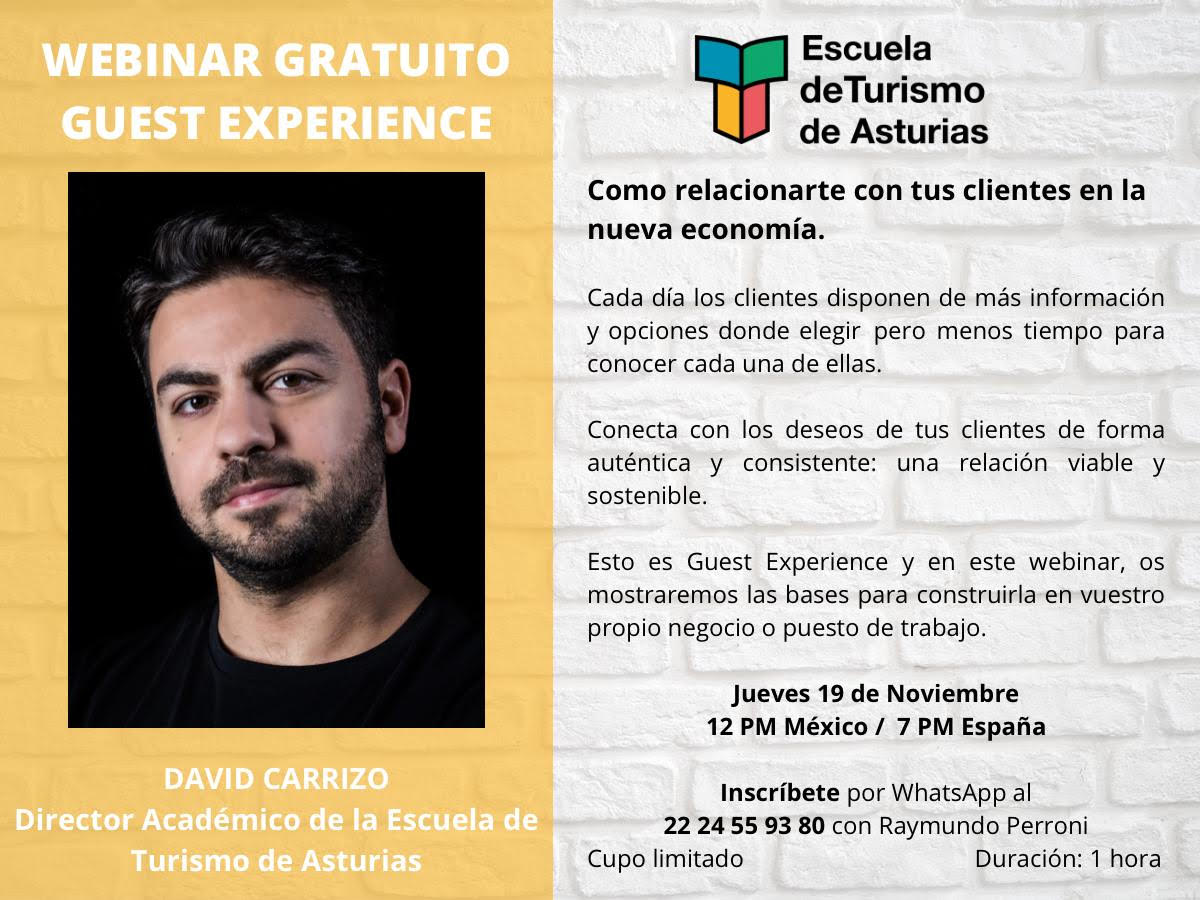 Este jueves 19 Nov a las 19h imparto un webinar en el que veremos como implementar una estratégia de #GuestExperience, con casos reales y la metodología aplicada en mis trabajos con #hoteles y #restaurantes.