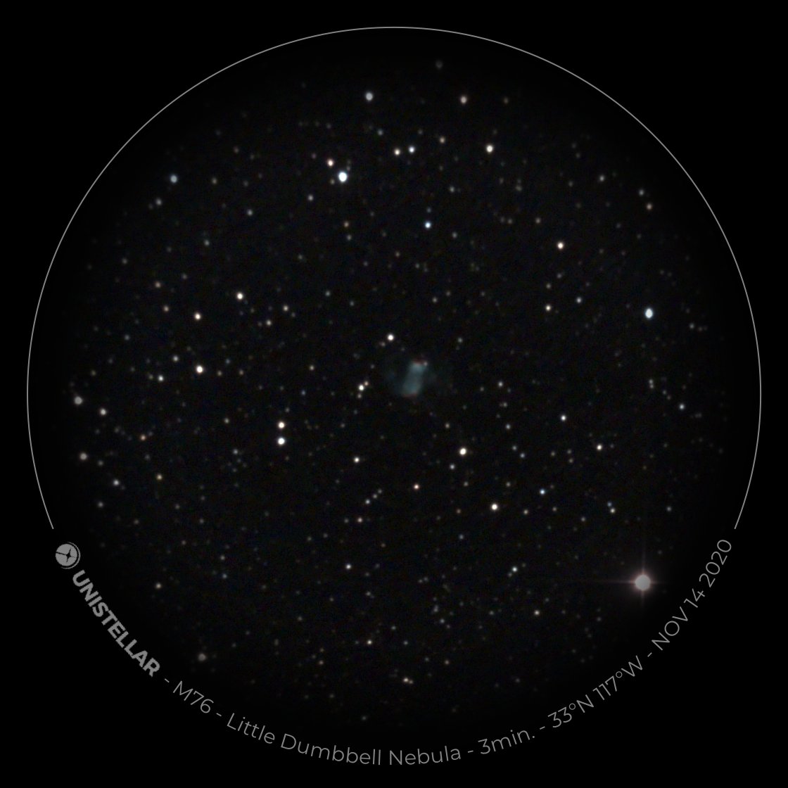 Once you turn on the telescope it quickly identifies where in the sky you are pointing and then it is very easy to choose a target from a list (or input your own coordinates) of objects in the sky. My first target was planetary nebula M76.