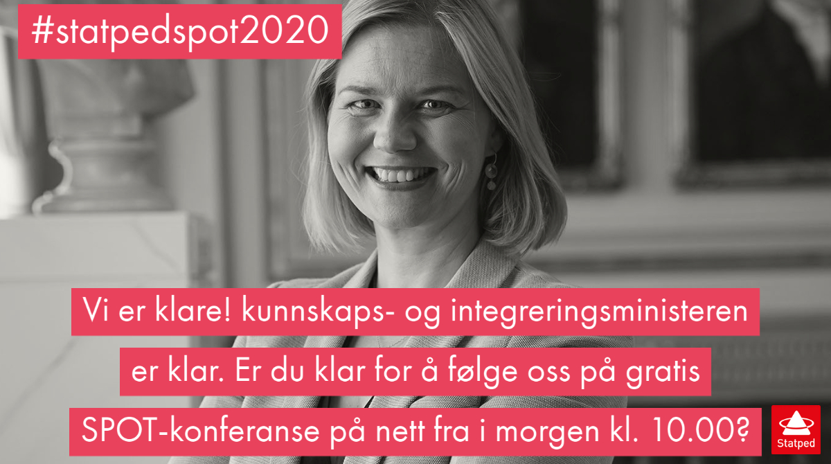 Vi er klare. Kunnskapsministeren er klar. Er du klar for å følge oss på gratis SPOT-konferanse på nett fra mandag kl. 10.00? To dager med foredrag og tips om muligheter i digitale ressurser og teknologi for barn og unge med spesielle behov
statped.no/spot
#statpedspot2020