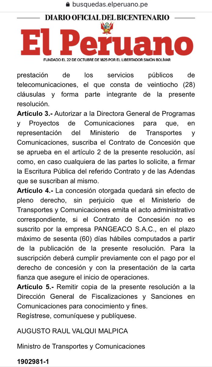 MarcoEyzaguirre's tweet photo. 🚨¡URGENTE!

El Ministro de Transportes saliente @augustovalqui (exministro fujimorista), aprovechó 5 días en el cargo para entregar una concesión de telecomunicaciones por 20 años, a una empresa creada hace 4 meses.

¡Delincuentes!

@ocram @rmapalacios

https://t.co/IKCfgSsOKi https://t.co/1BDszu726p