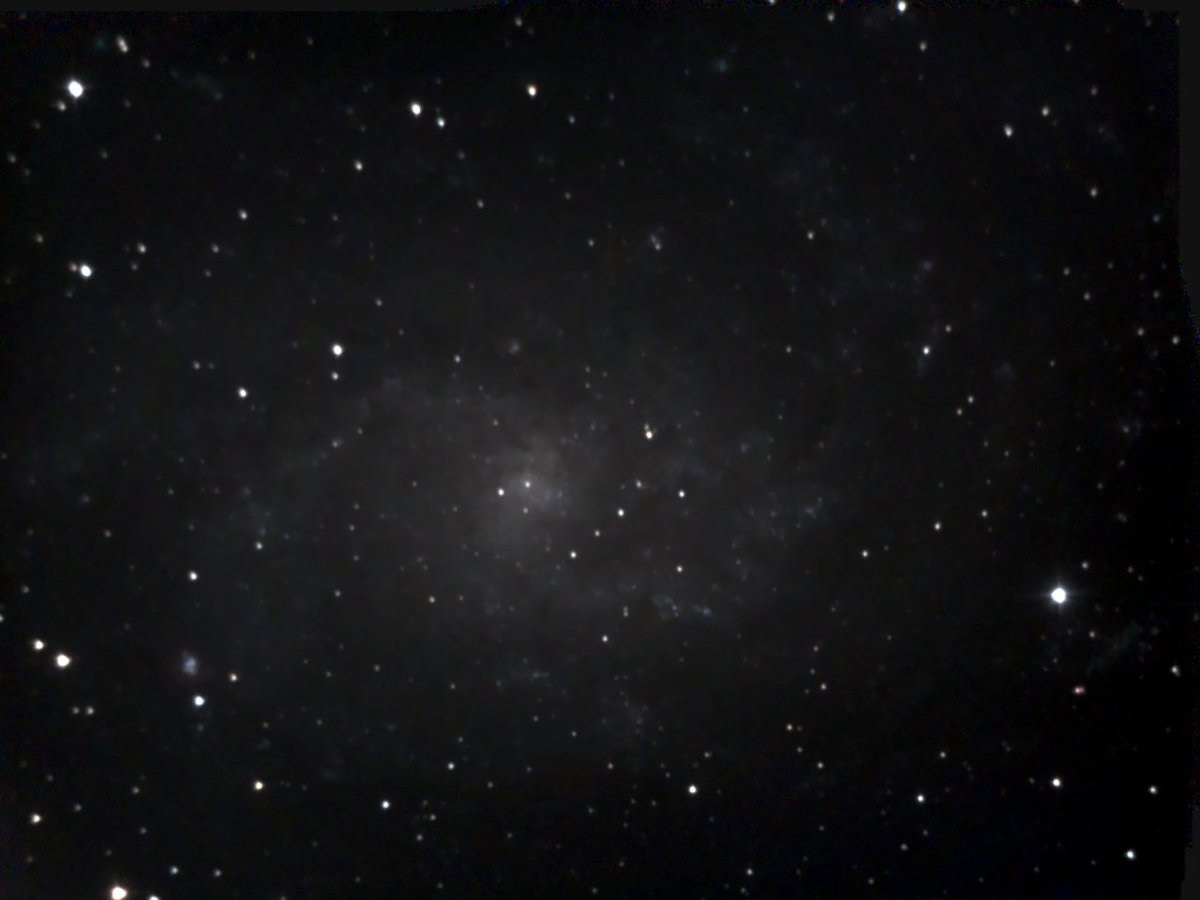 You can get a "live" view or let the telescope accumulate light which quickly lets you see colors like in M76 above or spiral arms in a galaxy like this view of M33 - 20 minute exposure.