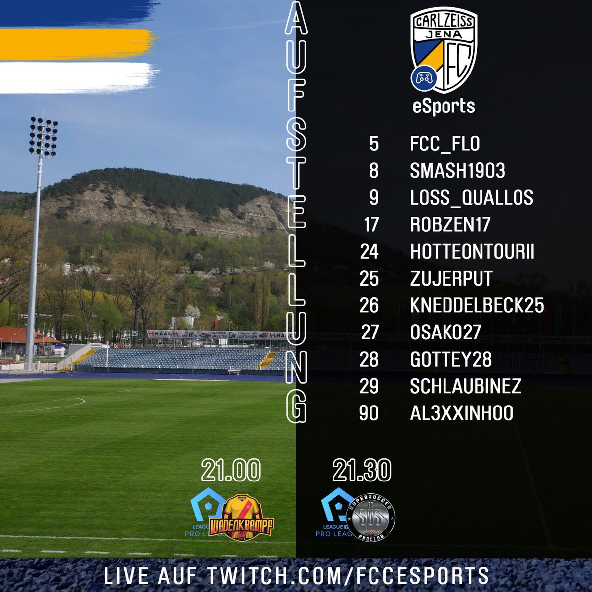 fccesports's tweet photo. Die Aufstellung ist da!

Mit folgender Elf geht unser FCC in den heutigen Ligastart der https://t.co/F3CdzwAa37.

21.00 Uhr vs. @wadenkrampf_rs
21.30 Uhr vs. @fc_supersoccer

Alles natürlich live für Euch auf Twitch!
https://t.co/k2Im1wY49z https://t.co/Zw3ffJpUPD
