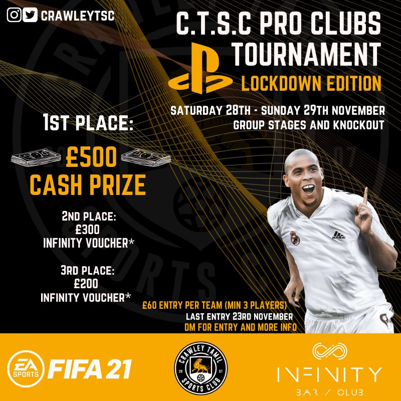 🚨CTSC PRO CLUBS TOURNAMENT🚨

Join us on Sat 28th and Sunday 29th November at our PS4 CTSC ProClubs Tournament: Lockdown Edition!

CHANCE TO WIN £1,000 WORTH OF PRIZES!😳
 
Follow and dm us on insta for more info!