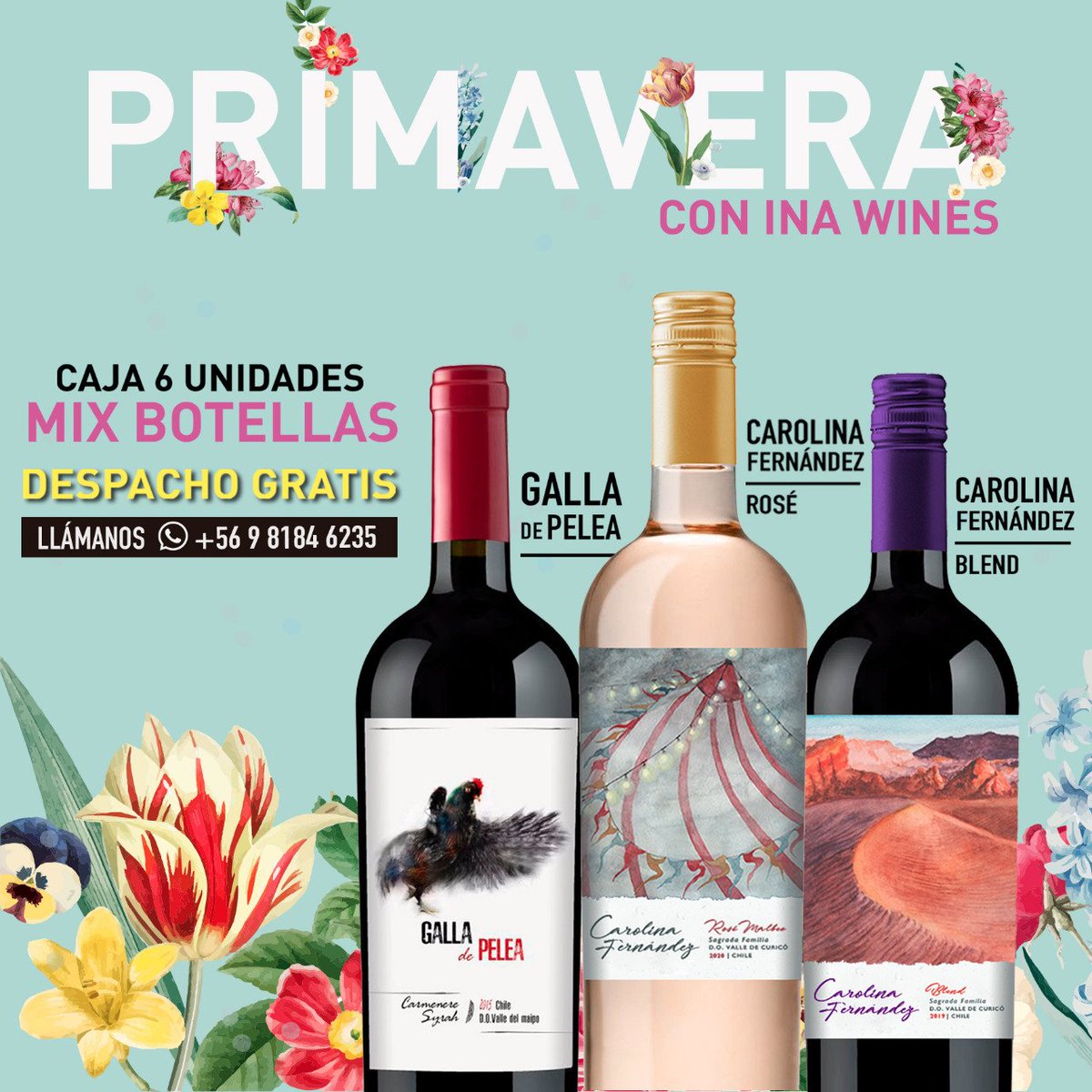 InaWines's tweet photo. 🏵️🌼🌻 Ricas tardes primaverales con deliciosos vinos de @InaWines es la mezcla perfecta para esta temporada. 🥂🍹☀️😎 ¡Podemos llegar a tu casa durante el día con despacho gratis! #Llamanos 📞 +569 81846235 

#PrimaveraWine🍷🦋
#winetime 
#wineoclock https://t.co/qkh2Lw1XMv