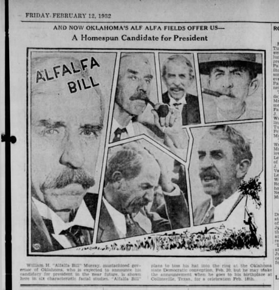 Alfalfa Bill undoubtedly bore a grudge about losing to FDR, and the pain hit close to home when FDR swept every county in Okla. during the 1932 presidential election.