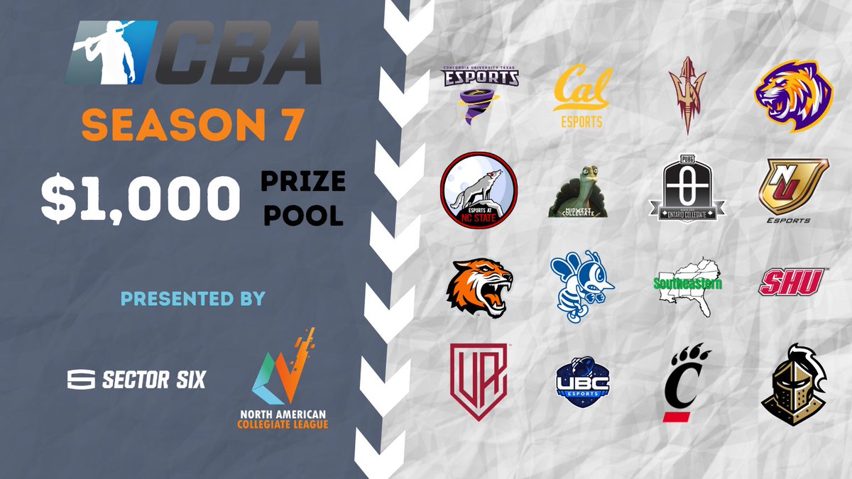 CollegiatePUBG's tweet photo. Tomorrow we have our last set of games in #CBA7. Who will take home the $1,000 prize pool and CBA Pro Jackets?
📺https://t.co/IAMazLn5qs
🕘Monday, Nov. 16th at 9:00pm ET
Presented by @PLAYNACL and @Sector_Six https://t.co/eocxE7zKAD