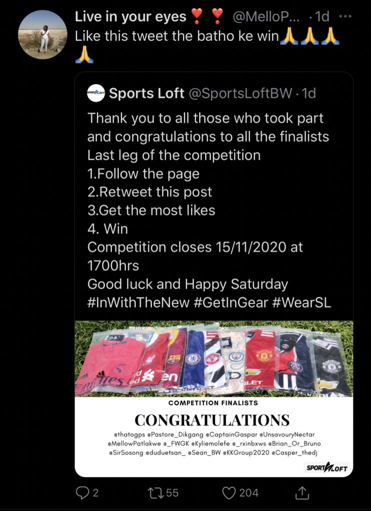 SportsLoftBW's tweet photo. Congratulations to @MelloPatlakwe and @_rxinbxws for winning the competition 
Well deserved 🙏🏽 kindly inbox the page for your hampers 

All finalists get a 20% discount on their next purchases from us. Thank you again to everyone who took part 
#InWithTheNew #GetInGear #WearSL https://t.co/shvkp0Ri4R