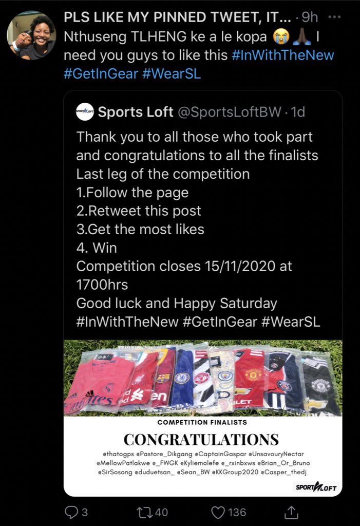SportsLoftBW's tweet photo. Congratulations to @MelloPatlakwe and @_rxinbxws for winning the competition 
Well deserved 🙏🏽 kindly inbox the page for your hampers 

All finalists get a 20% discount on their next purchases from us. Thank you again to everyone who took part 
#InWithTheNew #GetInGear #WearSL https://t.co/shvkp0Ri4R