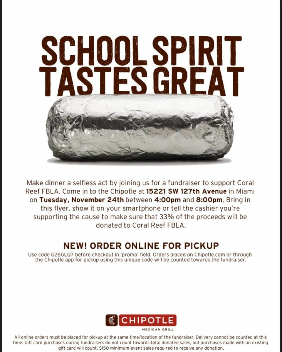 🌯ATTENTION CUDAS🌯
Come support FBLA at chipotle Tuesday, November 24th from 4pm to 8pm. We look forward to seeing you there and hope you can make it! @reeffbla