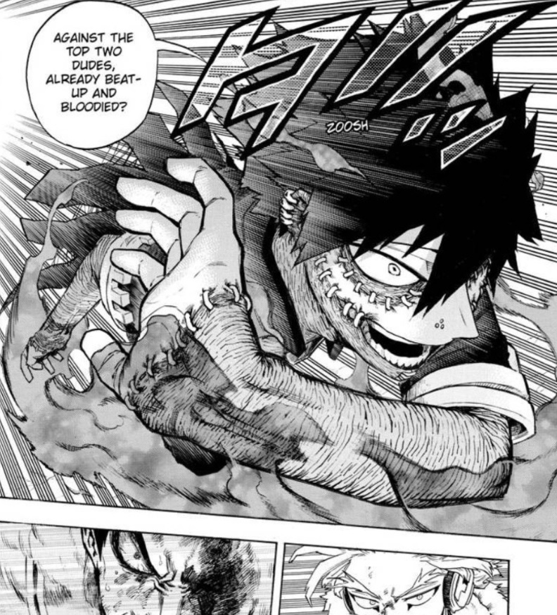 When they pull it off, Dabi can't resist showing up himself (attempt to collect Hood's body and have a drama moment). Would he have killed them if not for Mirko? Probably not. "Blood ran cold," remember? Or maybe, roast Hawks, leave Endy alive for future disgrace?