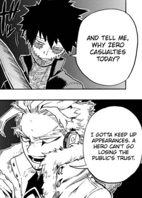 On the whole, Dabi is genuinely glad they won (allows him to keep scheming, and he loves scheming) but trusts do-gooder Hawks even less now. A real double-agent would've let some people die, maybe?