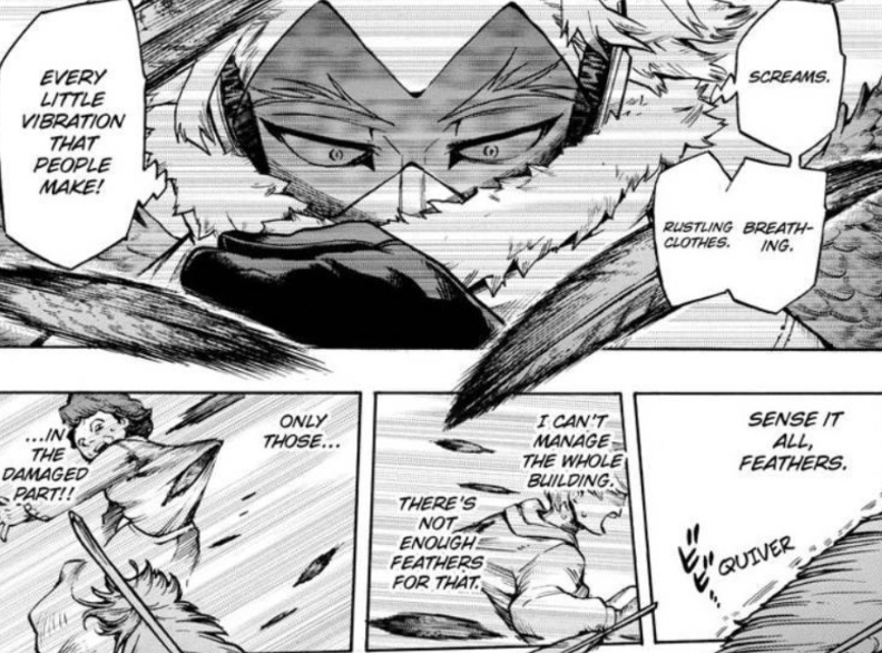 -Hawks does all in his power to avoid casualties. Can't stand the thought of his malarkey causing dead civilians.-Obviously mad at Dabi for the curveball; has no idea that his choice to bring Endeavor is to blame! (Post black speech bubble, does Hawks do the math in his head?)