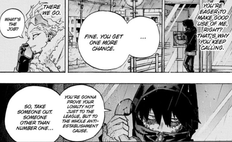 Dabi gives Hawks another "chance," wants him to kill a hero. Hawks hopes to impress by body-bagging the next highest ranked dude. Dabi sees the body and says good enough, whatever. Still waiting for a flashback where Hawks convinces Jeanist to go into hiding.