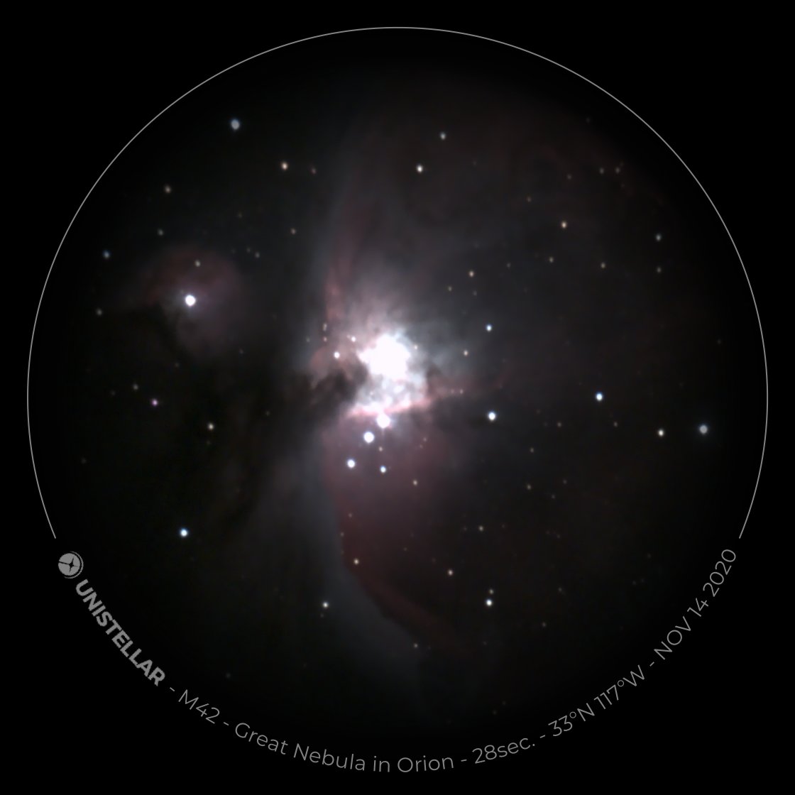 The real highlight of my first night with the  #eVscope was looking at M42, the Orion Nebula. This view was just 28 seconds. I've seen M42 in many, some huge telescopes. This view made me call out with excitement. The "eyepiece" view was stunning and would be epic at star parties.
