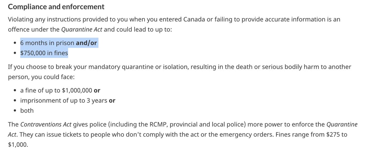 3/ Canada are pretty strict with their Quarantine Act, and fines are up to $1,000,000 CAD and imprisonment of up to 3 years.