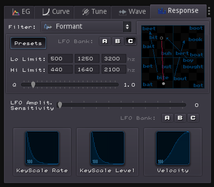 nobuyukinyuu's tweet photo. Trying to fit the entire interface for formant filtering into the Response tab is a bit of a challenge. Not sure if I want 3 peaks yet or if 2 is a sufficient efficiency tradeoff. Here's also what the UI will look like when the filter isn't in formant mode. #gdsFM #GodotEngine https://t.co/zej0zJ8JxI