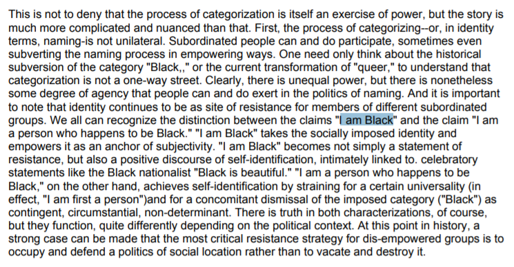 Kimberle Crenshaw, founder of intersectionality and co-founder of Critical Race Theory, wrote explicitly that saying that one's racial identity is less important than their universally human identity is the specific problem where the Civil Rights Movement got things wrong.