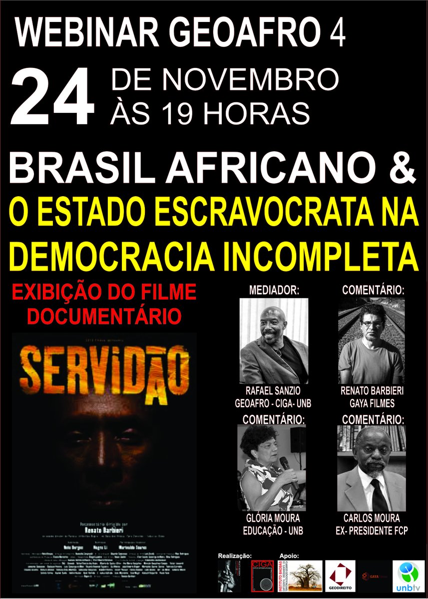 O Brasil africano e o estado escravocrata na democracia incompleta será o tema do Webinar GEOAFRO IV,. As inscrições são gratuitas e limitadas. Para participar, acesse bit.ly/35yDbwn. #servidao #renatobarbieri #documentario #escravidao  #cinema #geografia  #territorio