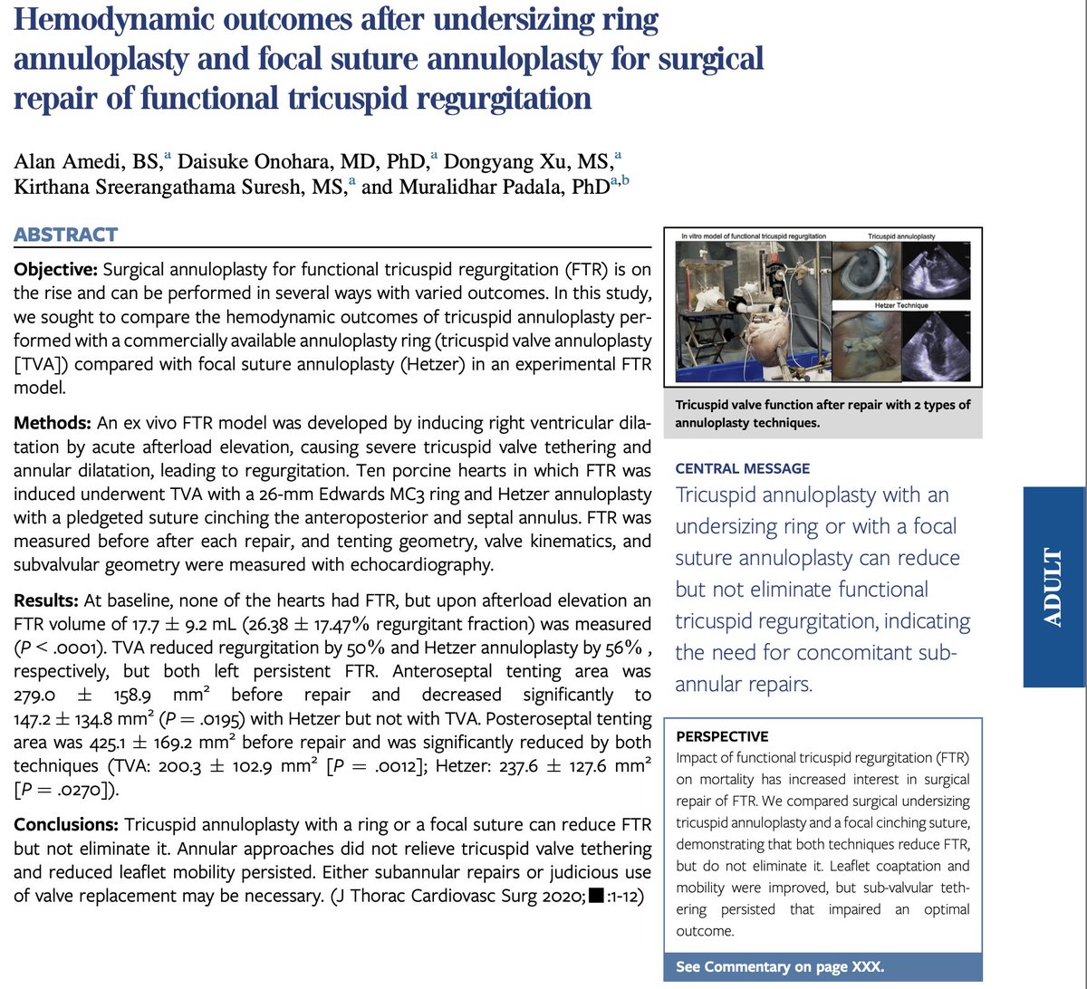 padalalab's tweet photo. New publication in #JTCVS on the hemodynamic effects of different approaches for tricuspid annuloplasty to correct functional tricuspid regurgitation. @AATSHQ @AATSJournals @EmoryCTSurgery #FunctionalTR #Tricuspidvalve #Valvesurgery #heartvalves https://t.co/i5ARc4Hrtv