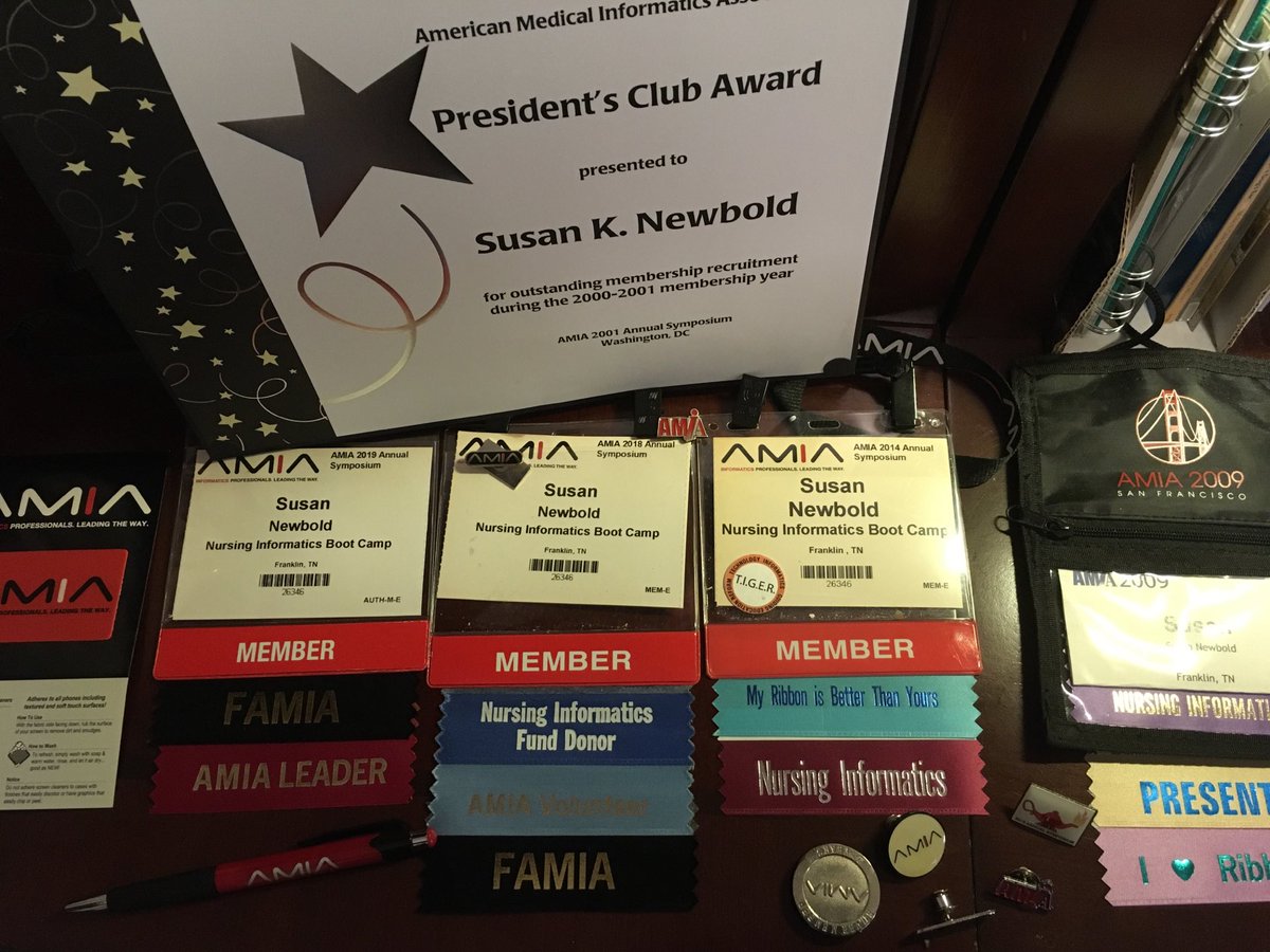 SusanPhDRN's tweet photo. These are some of my badges and swag from previous conferences keeping me company in my home office.  #AMIABuddy #Amia2020
I lost my #FAMIA pin the first time I wore it last year at the AMIA exhibitor hall so if anyone found it let me know.  Ha. https://t.co/QIcJsQ81Uh