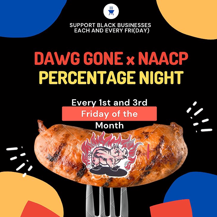 UGANAACP's tweet photo. As a part of the #BuyBlackFriday Initiative @BBFInitiative, every 1st and 3rd Friday of the month come out to Dawg Gone to support the best BBQ in town and your favorite NAACP chapter!

Steps are simple:

-order at the counter
-request the sign-in sheet for NAACP
-Grub and enjoy! https://t.co/6drk1VyW26