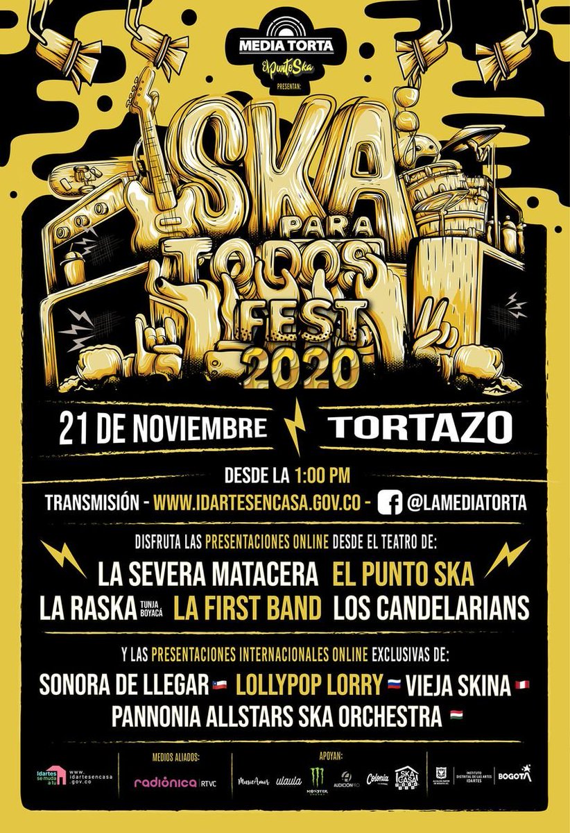 ¿Listos para el Tortazo ska el próximo sábado 21?
<a href="/LASEVERA/">LA SEVERA MATACERA</a> <a href="/ElPuntoSka/">El Punto Ska</a> <a href="/Lafirstband/">La First Band</a> #LaRaska <a href="/LosCandelarians/">Los Candelarians</a> y junto a ellos <a href="/sonoradellegar_/">Sonora De Llegar</a>
<a href="/Lollypop_Lorry/">Lollypop Lorry</a> <a href="/viejaskina/">Vieja Skina</a> y Pannonia All Stars Orchestra.
1.00 PM por idartes.gov.co 
<a href="/idartes/">Idartes</a> <a href="/radionica/">Mila Mila</a>