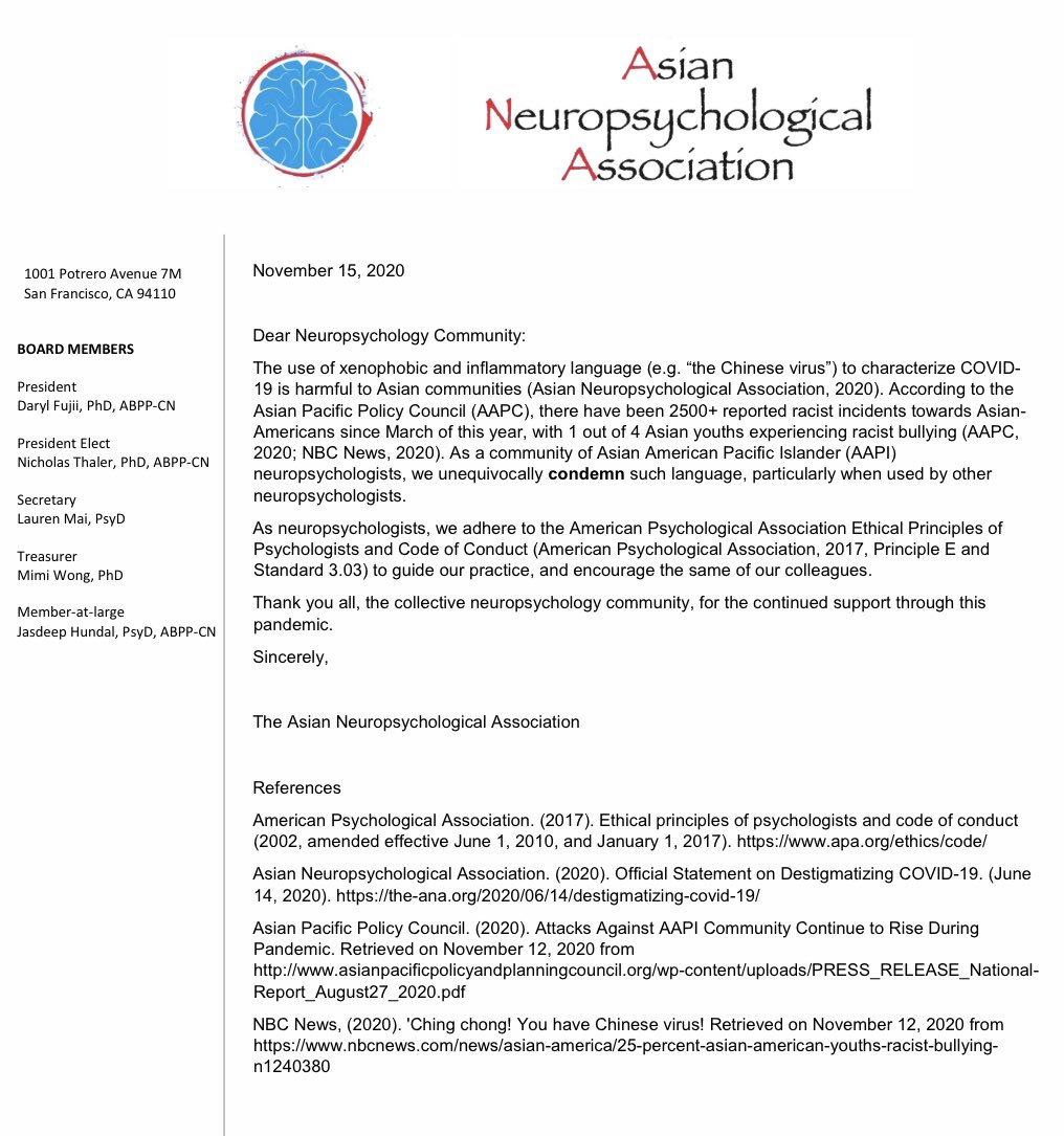 AsianNeuropsych's tweet photo. Dear Neuropsych Community: The use of xenophobic and inflammatory language to characterize COVID-19 is harmful to Asian communities. We unequivocally condemn such language, particularly when used by other neuropsychologists. Please see our official statement attached. Thank you. https://t.co/NCc7WD2ejd