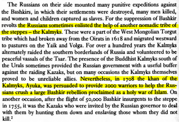 Kalmyks would assist the Russians in their war against the Bashkirs. Kazakh Khans would offer to submit themselves to the Russians and later swore allegiance to Empress Anna.