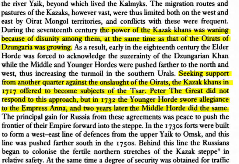 Kalmyks would assist the Russians in their war against the Bashkirs. Kazakh Khans would offer to submit themselves to the Russians and later swore allegiance to Empress Anna.