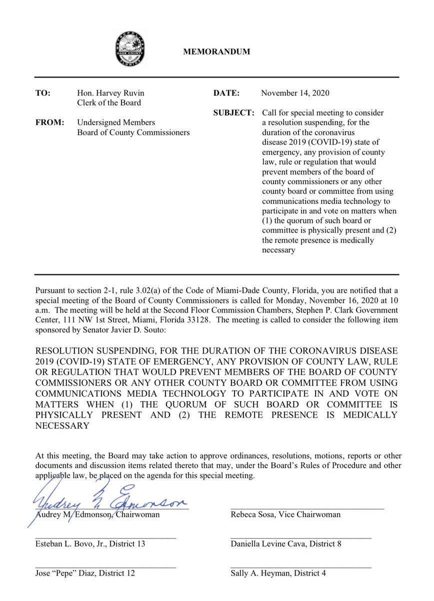 Please see my memo regarding the Special Meeting called for tomorrow - Monday, November 16, 2020 at 10AM.