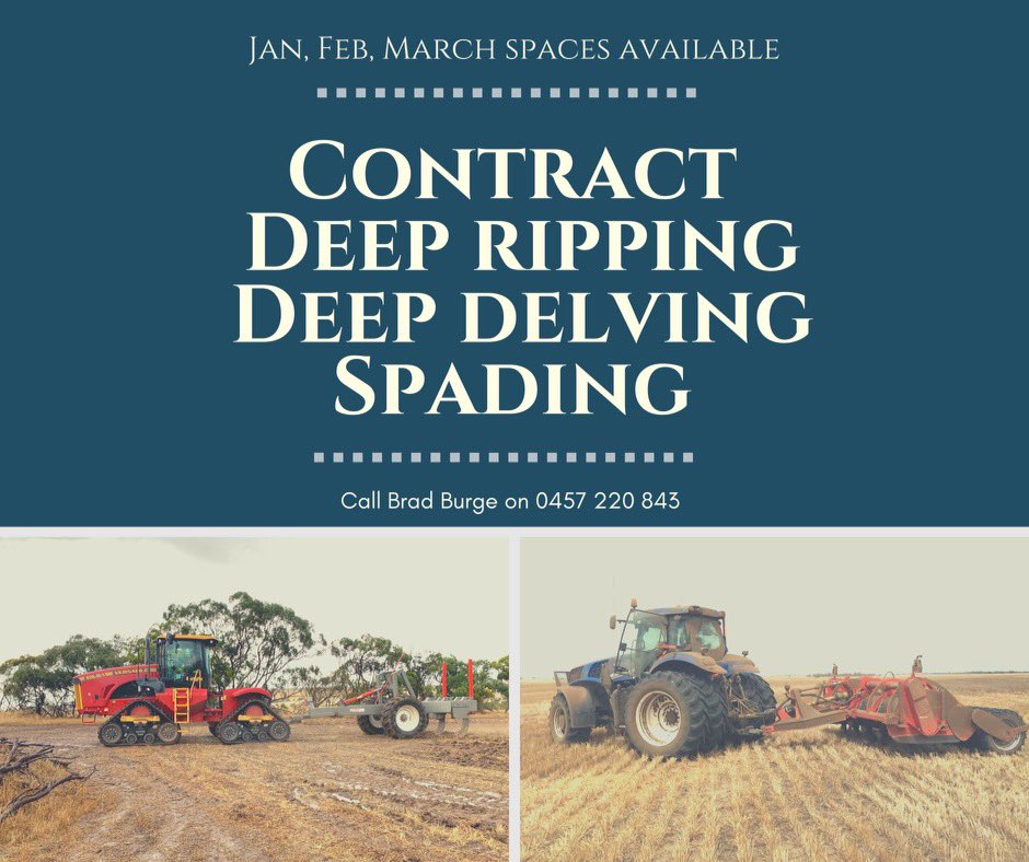 Contract deep ripping, deep delving and spading.
Spaces Available January, February, March 
Phone Brad on 0457220843