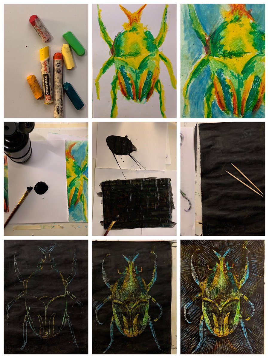 LouiseClazey's tweet photo. Busy making a few video demos and examples of oil pastel sgraffito techniques for our Y7 as part of their insect project. All uploaded to our dept YouTube channel ready to share, show and discuss with students. Looking forward to seeing what they create 🙂
https://t.co/oz3tM5vcBl https://t.co/k9VTT3uaxx
