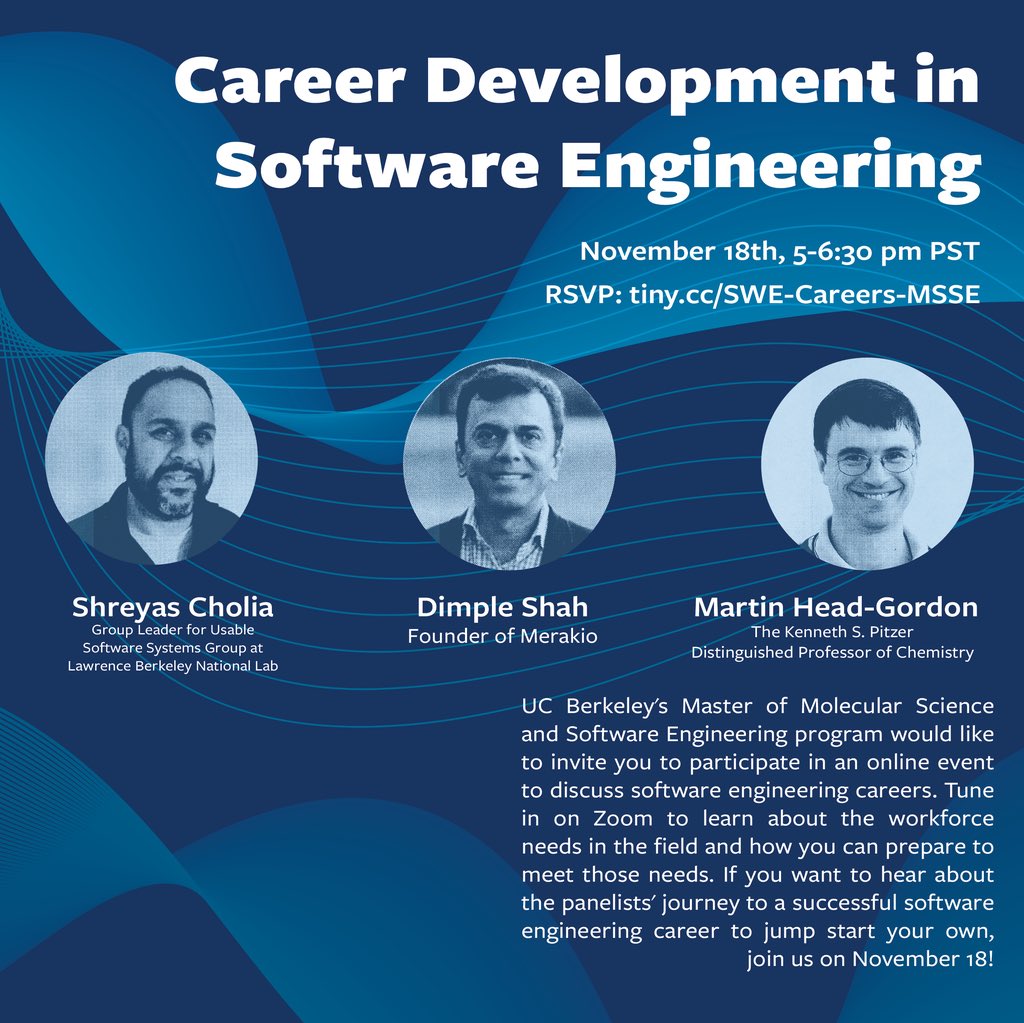 BerkeleyMSSE's tweet photo. Interested in Software Engineering careers? Wondering what your next steps should be? Come out to Career Development in Software Engineering! We will have 6 amazing panelists in both #SWE research &amp; industry. 

Click the link in our bio to read more about the panelists &amp; RSVP! 💻 https://t.co/l76RUTnWJK