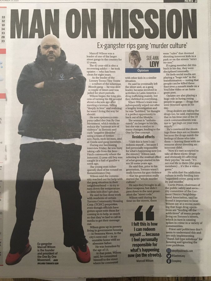 NOtoGANGSorg's tweet photo. Excellent work by Marcell Wilson, President of the One by One Movement. Read news story in Toronto Sun November 15, 2020 by LEVY: Rehabilitated gang leader decries brazen shooting of innocent kids https://t.co/Et79yNqCN3 Website: https://t.co/ktI3eSimqi #NoToGangs #GangPrevention https://t.co/Z36fIN68om