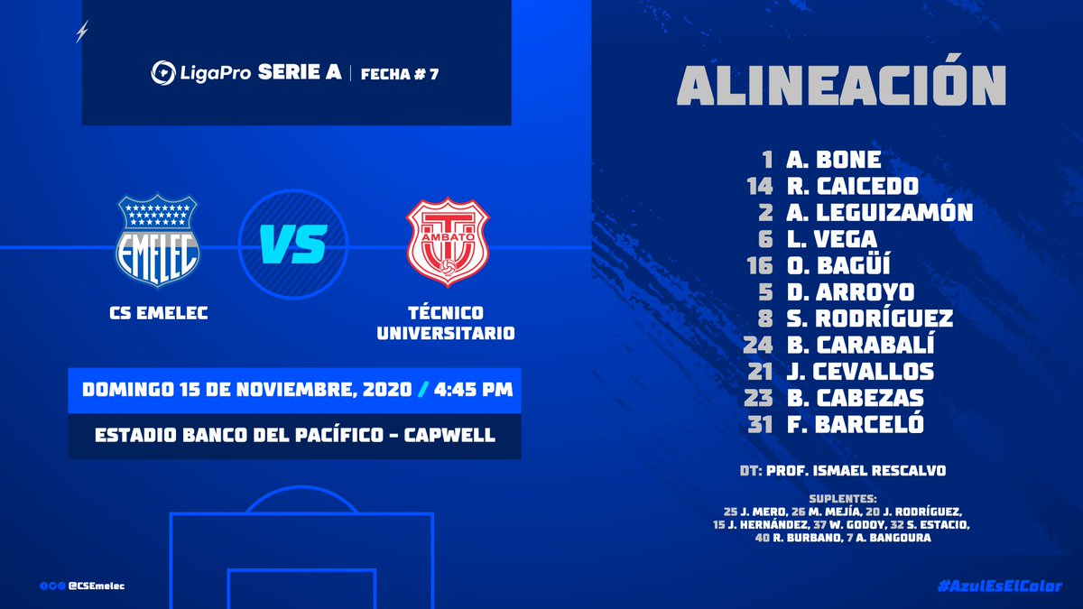 CSEmelec's tweet photo. Alineación y suplentes del #Bombillo para su partido frente a @TecnicoUOficial

#AzulEsElColor #DelBombilloSoy ⚡🔵 https://t.co/8qkbSkF4Mc