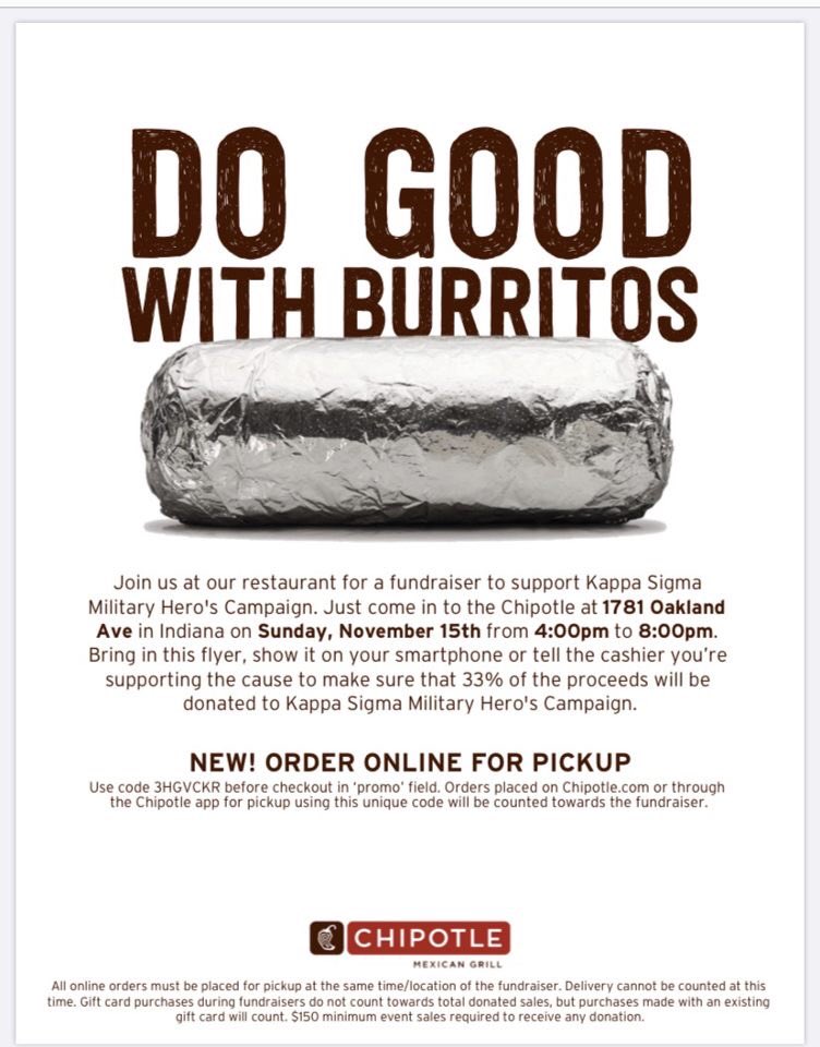 Our final event of Warrior Week is the Chipotle Fundraiser! Stop by from 4-8pm!