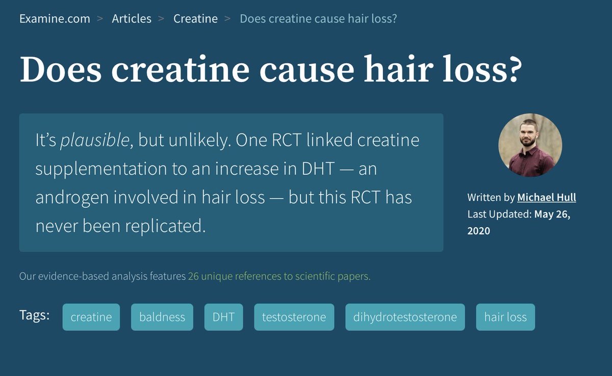 0:46:24“There's one study that was done in rugby players actually, where they showed that there is an increased conversion of testosterone to dihydrotestosterone, or DHT. DHT has been linked to male pattern baldness.” https://examine.com/nutrition/does-creatine-cause-hairloss/