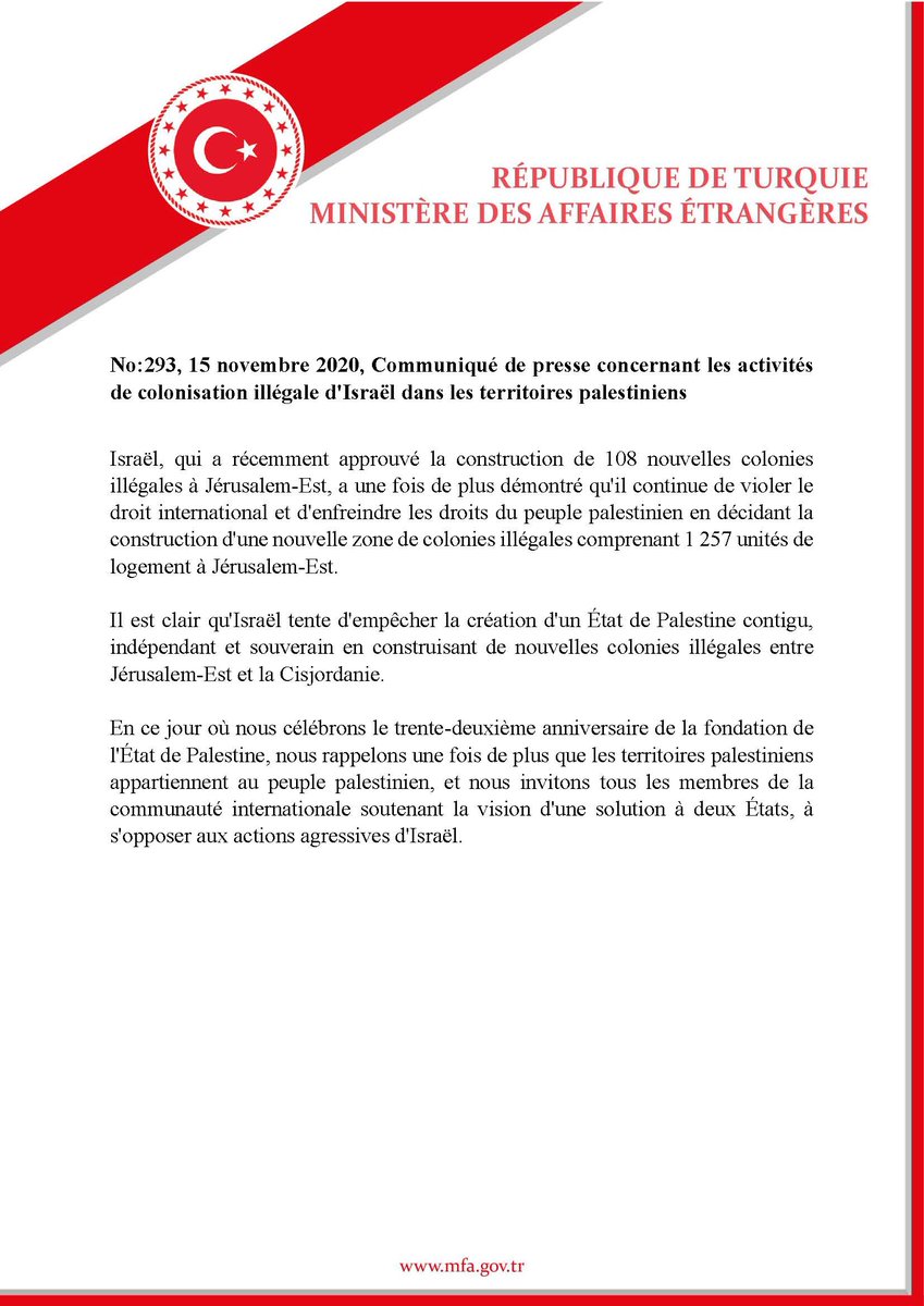 MFATurkiyeFR's tweet photo. Communiqué de presse concernant les activités de colonisation illégale d'Israël dans les territoires palestiniens https://t.co/AQwBF5ol1y https://t.co/GF8QVRDwQb