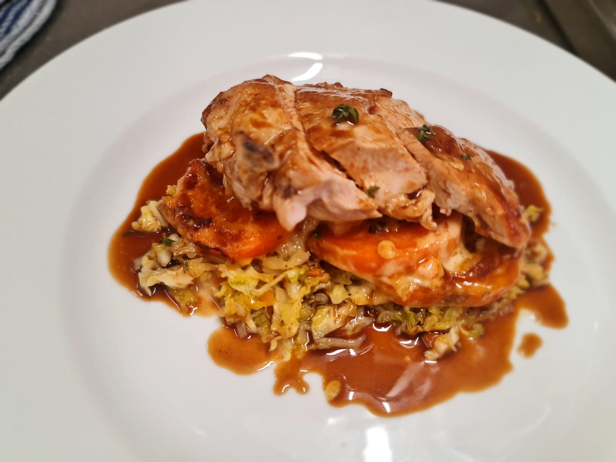 HopetounBB's tweet photo. Our menu can be viewed on our website, holding page https://t.co/k9jJYa9UpC. Here's a look at our roast chicken breast, sweet potato gratin, savoy cabbage and thyme jus served for our staff this afternoon. https://t.co/mJQ7prQ0sI