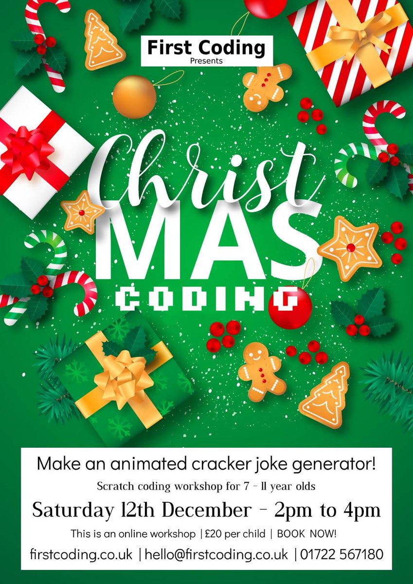 FirstCoding's tweet image. We'll be running the popular creative Christmas Coding Workshop next month for 7 to 11 year olds. Using Scratch, we’ll be learning how to make our own animated cracker joke generators. All our workshops are currently being hosted online.
It’s time to get festive and creative!