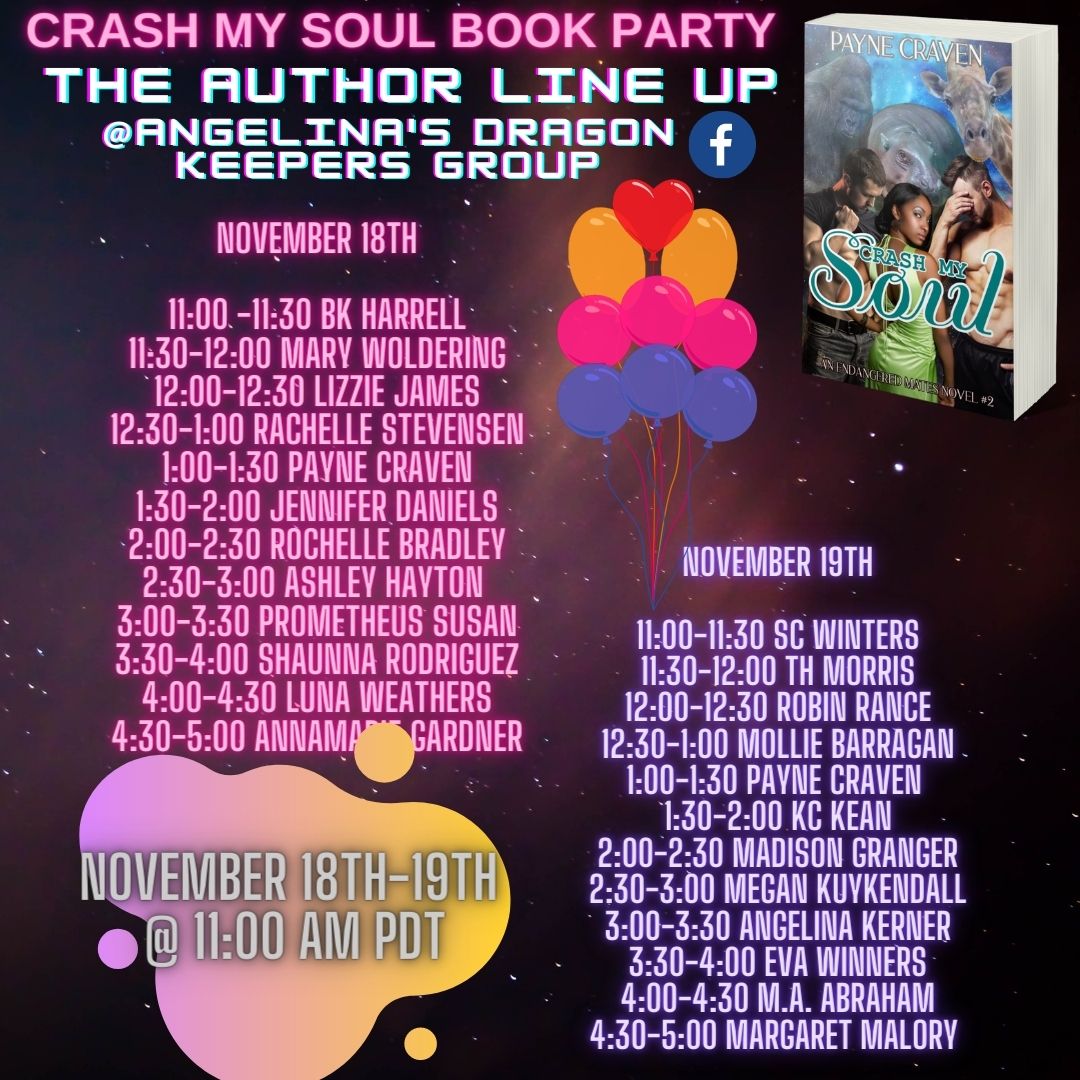KernerAngelina's tweet photo. You’re all invited to @AuthorCraven #happybirthday  #bookParty #crashmysoul on Nov 18th-19th @  https://t.co/NZebxAqvgC #kindlereads #bookenablers #stayathomeparty #readerlove #oneclick #endangaredmates 25 authors https://t.co/axdoZtrNTY