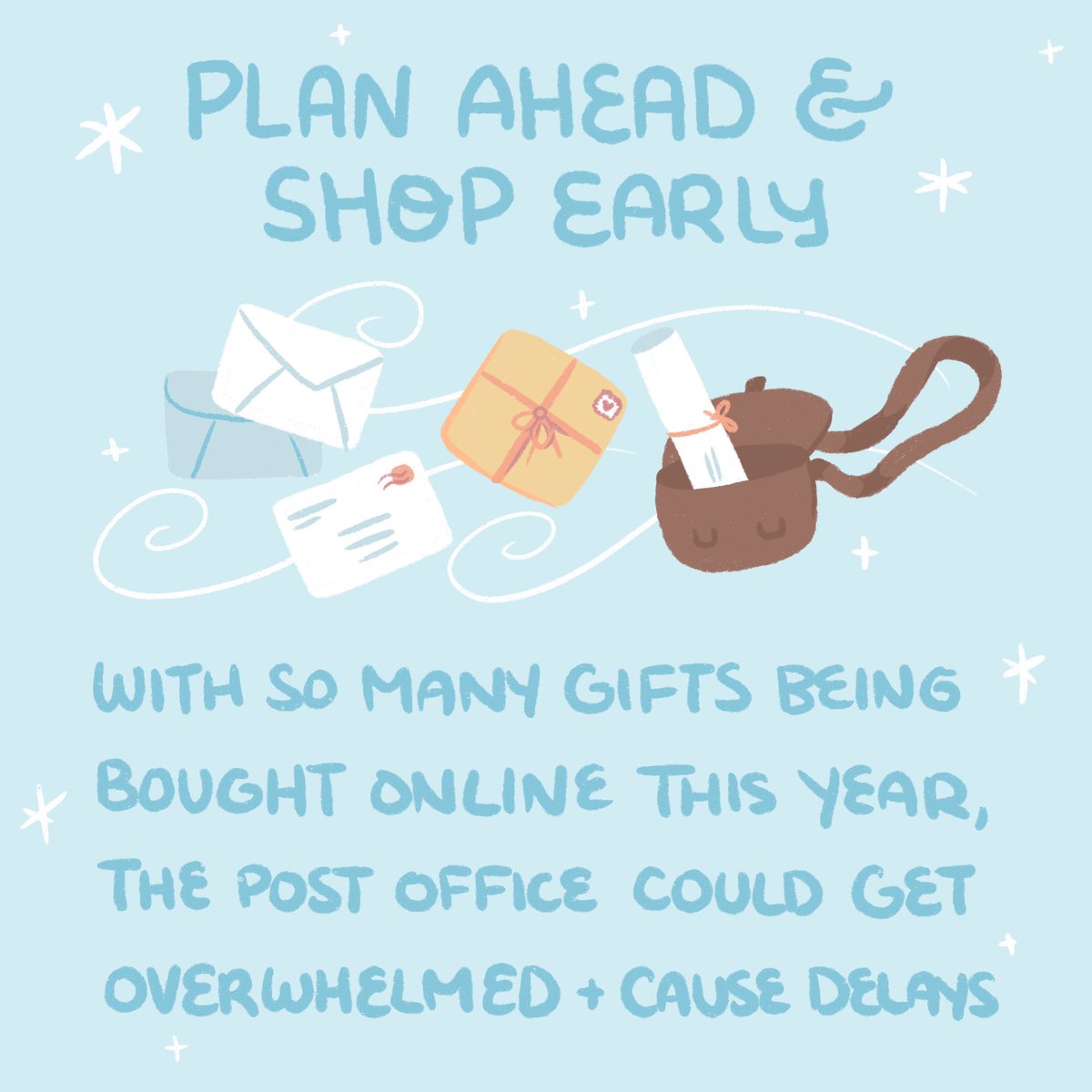 This holiday season is clearly a bit different than previous years, and a lot of people will be buying gifts online. This means that the post office will likely see an abnormally large volume of parcels this year and may need more time to deliver them safely. Plan accordingly!