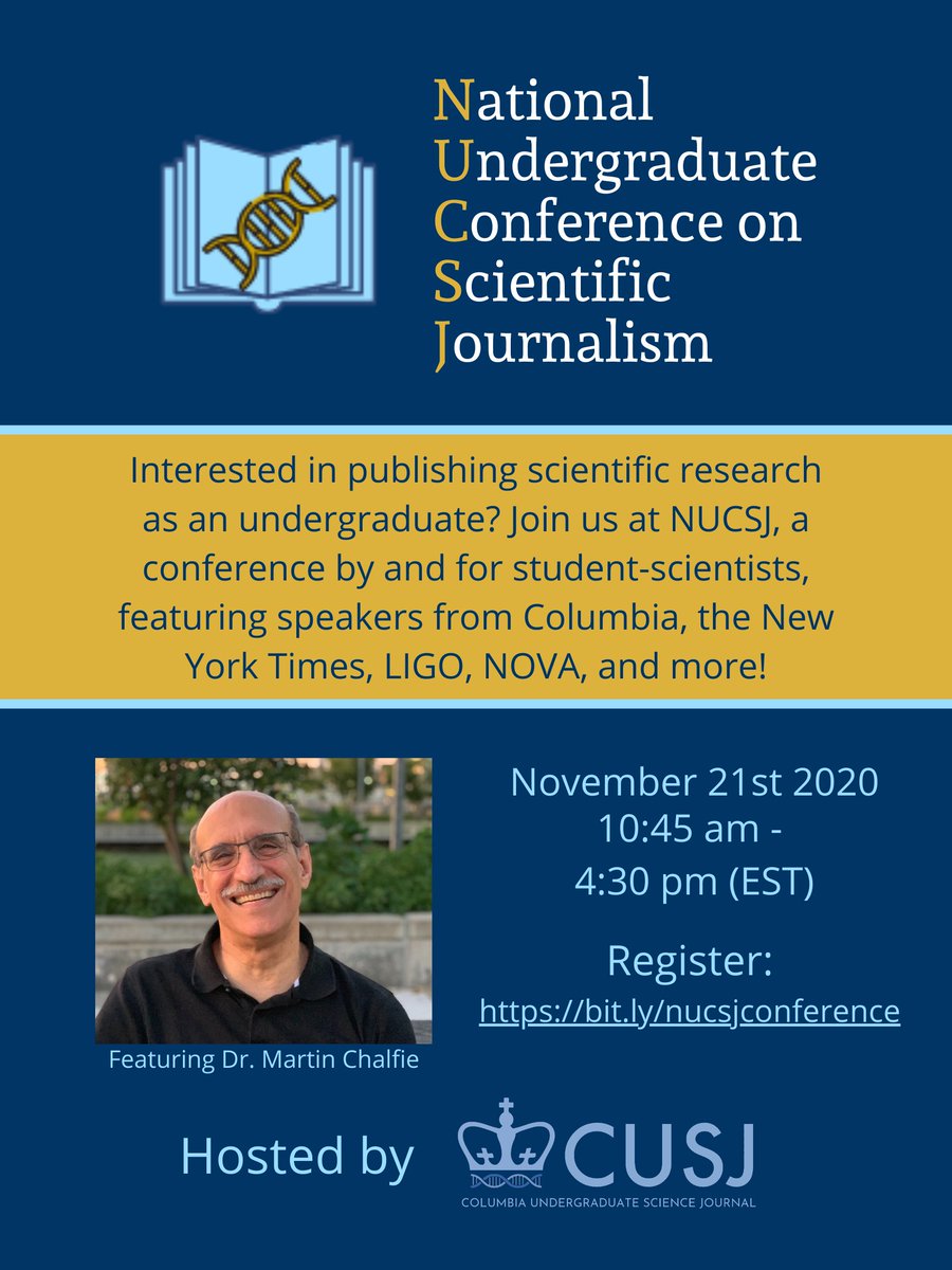 Columbia_CUSJ's tweet photo. Exciting news! The National Undergraduate Conference on Scientific Journalism is 6 days away (November 21)!! Any undergraduate scientists are encouraged to attend. Registration is FREE: https://t.co/xx5d1FMbQc. 

Check it out! https://t.co/ytJVyKp2PV