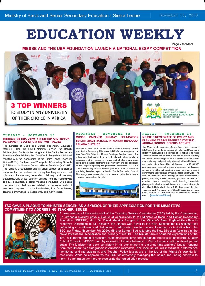 MOBSSE_SL's tweet photo. MBSSE Education Weekly for the week of November 9-15 2020 featuring the MBSSE/UBAF National Essay Competition, ToT for the Annual School Census, TSC awards Minister Sengeh an appreciation plaque and more... https://t.co/QkmPXNoyBk